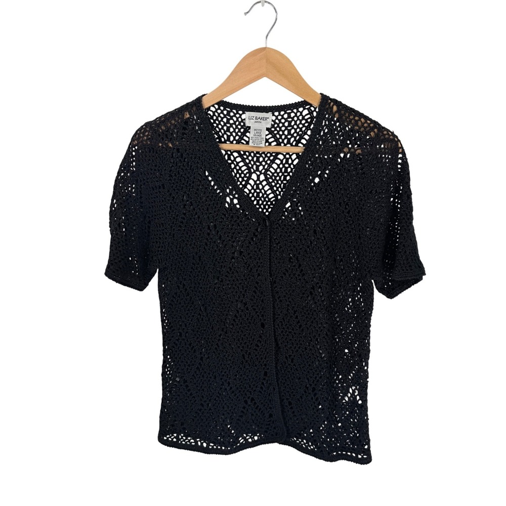 Vintage Open Weave Crochet Cardigan Black Petite Large Knit Short Sleeve